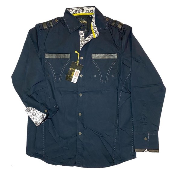 Platini Black Label Other - Platini Men’s Military Button Down Shirt w/ Faux Leather & Paisley Trim Size M